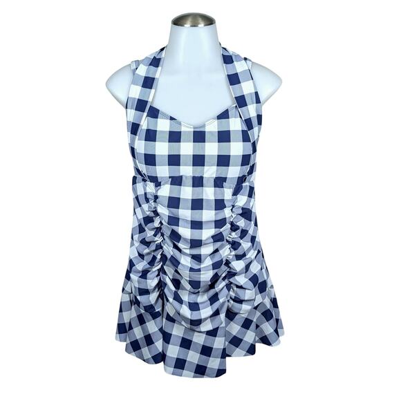 Torrid Retro Wireless Swim Dress 1X Halter Neck Preppy Pinup Navy Blue Gingham - Picture 1 of 14